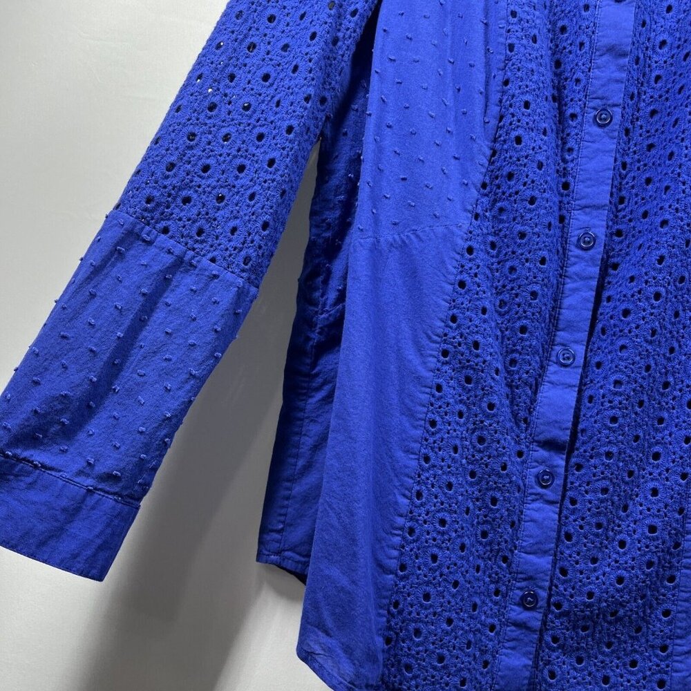 Chicos Blouse Lined L Solid Royal Blue Eyelet But… - image 5